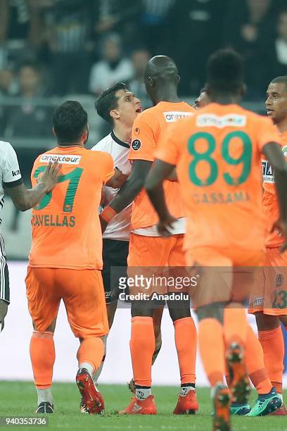 Necip Uysal of Besiktas argues with players of Aytemiz Alanyaspor during a Turkish Super Lig week 27 soccer match between Besiktas and Aytemiz...
