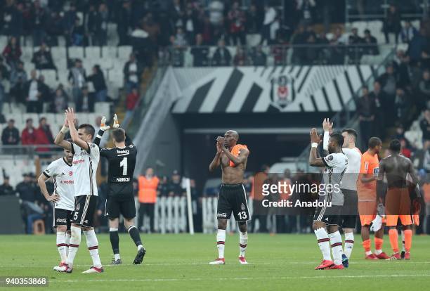Players of Besiktas greet the supporters after the Turkish Super Lig week 27 soccer match between Besiktas and Aytemiz Alanyaspor at Vodafone Park in...