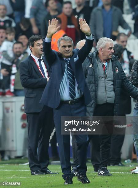 Head coach Senol Gunes of Besiktas greets supporters after the Turkish Super Lig week 27 soccer match between Besiktas and Aytemiz Alanyaspor at...