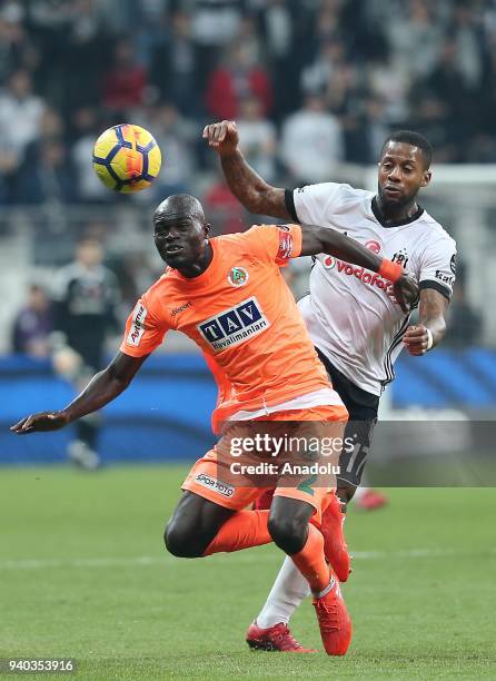 Jermain Lens of Besiktas in action against Isaac Sackey of Aytemiz Alanyaspor during a Turkish Super Lig week 27 soccer match between Besiktas and...