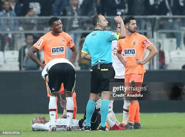 Anderson Talisca of Besiktas is seen on the ground after getting injured during a Turkish Super Lig week 27 soccer match between Besiktas and Aytemiz...