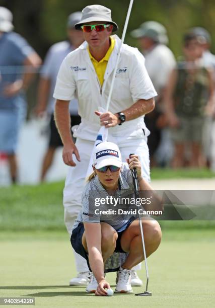 Jodi Ewart Shadoff of England lines up a putt on the par 4, first hole during the third round of the 2018 ANA Inspiration on the Dinah Shore...