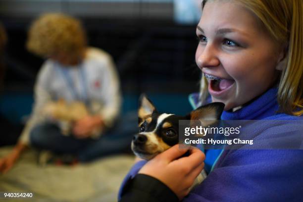 Molly McCoy holds therapy dog Deuce. Colorado Comfort Canines, Inc. Participated in SkyView Academys Coping and Overcoming event. Colorado Comfort...