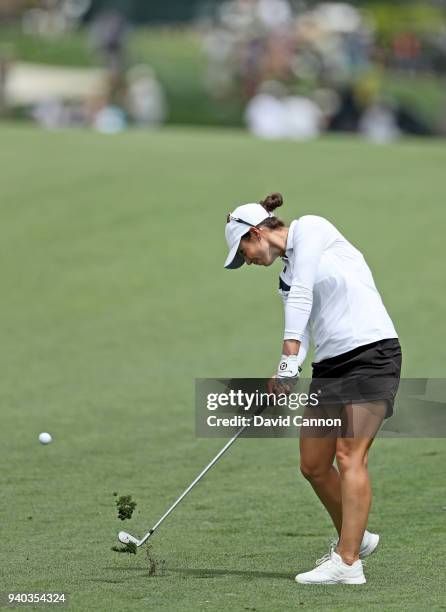 Beatriz Recari of Spain plays her second shot on the par 4, first hole during the third round of the 2018 ANA Inspiration on the Dinah Shore...