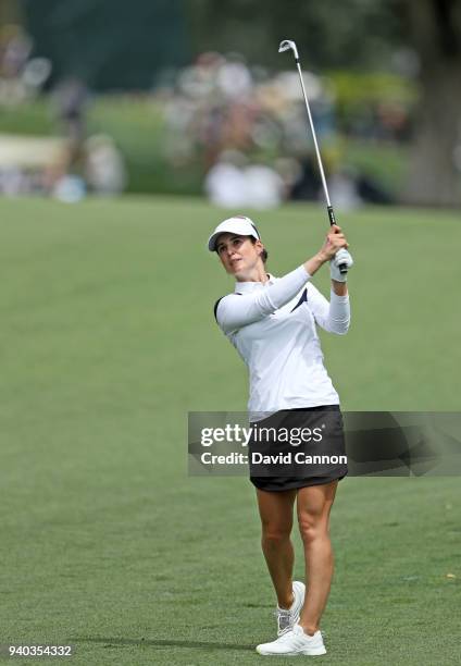 Beatriz Recari of Spain plays her second shot on the par 4, first hole during the third round of the 2018 ANA Inspiration on the Dinah Shore...