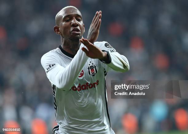 Anderson Talisca of Besiktas celebrates after scoring during a Turkish Super Lig week 27 soccer match between Besiktas and Aytemiz Alanyaspor at...