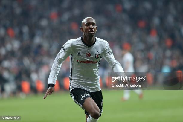 Anderson Talisca of Besiktas celebrates after scoring during a Turkish Super Lig week 27 soccer match between Besiktas and Aytemiz Alanyaspor at...