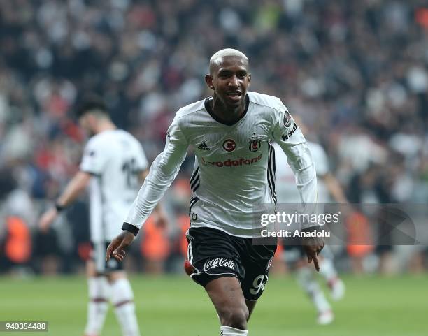 Anderson Talisca of Besiktas celebrates after scoring during a Turkish Super Lig week 27 soccer match between Besiktas and Aytemiz Alanyaspor at...