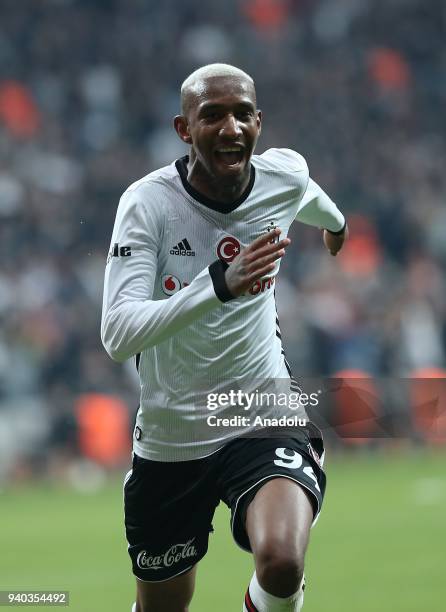 Anderson Talisca of Besiktas celebrates after scoring during a Turkish Super Lig week 27 soccer match between Besiktas and Aytemiz Alanyaspor at...