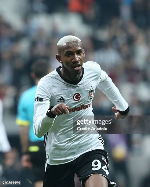 Anderson Talisca of Besiktas celebrates after scoring during a Turkish Super Lig week 27 soccer match between Besiktas and Aytemiz Alanyaspor at...