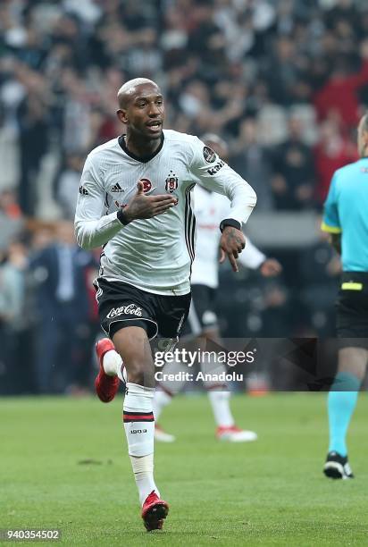 Anderson Talisca of Besiktas celebrates after scoring during a Turkish Super Lig week 27 soccer match between Besiktas and Aytemiz Alanyaspor at...