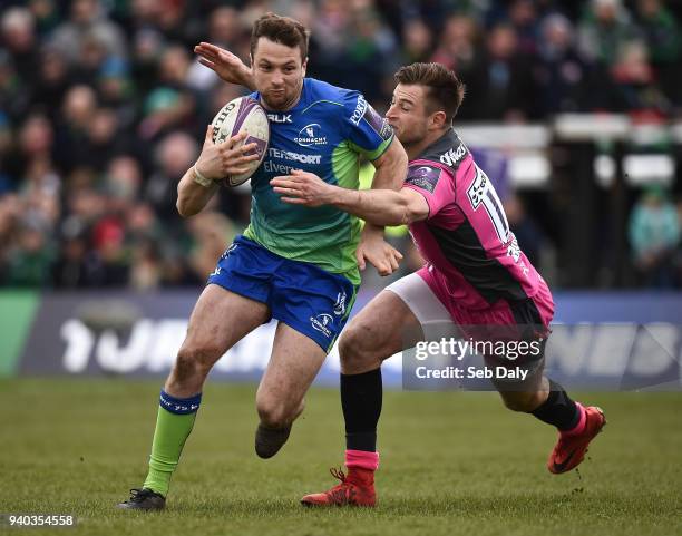 Galway , Ireland - 31 March 2018; Jack Carty of Connacht is tackled by Henry Trinder of Gloucester during the European Rugby Challenge Cup...