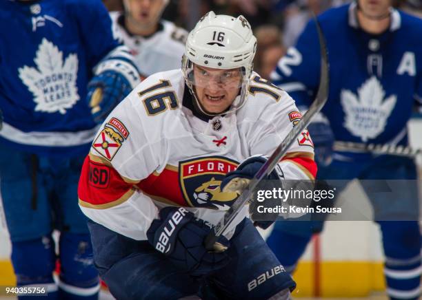 Aleksander Barkov of the Florida Panthers skates against the Toronto Maple Leafs during the third period at the Air Canada Centre on March 28, 2018...