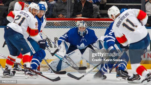 Frederik Andersen of the Toronto Maple Leafs watches a shot by Jonathan Huberdeau of the Florida Panthers during the second period at the Air Canada...