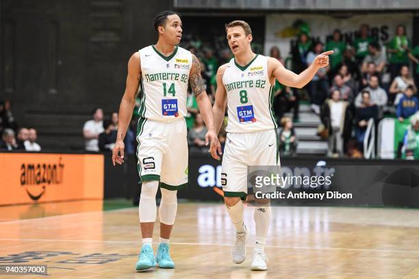 Justin Edwards and Heiko Schaffartzik of Nanterre during the Jeep Elite Pro A match between Nanterre 92 and Chalons Reims on March 31, 2018 in...