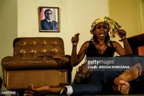 Theatre actress Carol Magenga interpreting Zimbabwe's former first lady Grace Mugabe and theatre actor Khetani Banda in the role of former Zimbabwe's...