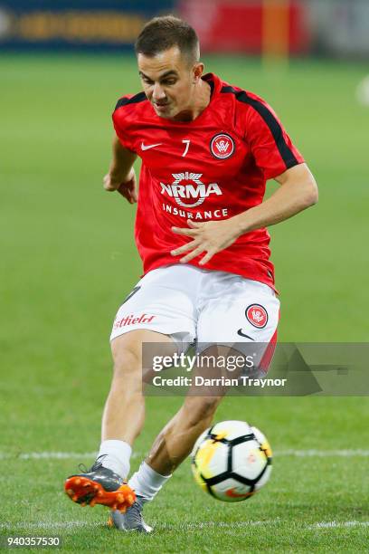 Steven Lustica of the Wanderers warms up before the round 25 A-League match between the Melbourne Victory and the Western Sydney Wanderers at AAMI...