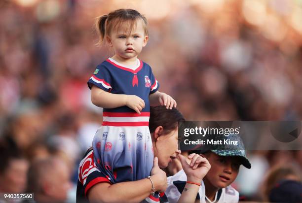 Roosters fans watch on during the round four NRL match between the Sydney Roosters and the New Zealand Warriors at Allianz Stadium on March 31, 2018...