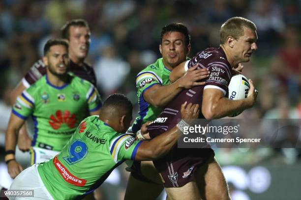 Tom Trbojevic of the Sea Eagles makes a break during the round four NRL match between the Many Sea Eagles and the Canberra Raiders at Lottoland on...