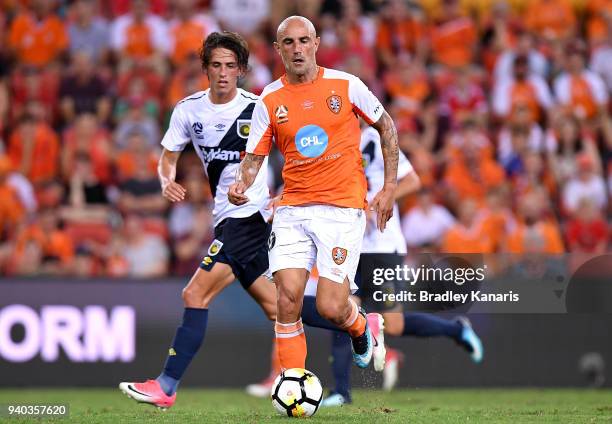 Massimo Maccarone of the Roar in action during the round 25 A-League match between the Brisbane Roar and the Central Coast Mariners at Suncorp...