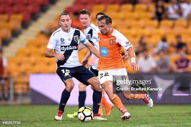 Eric Bautheac of the Roar in action during the round 25 A-League match between the Brisbane Roar and the Central Coast Mariners at Suncorp Stadium on...