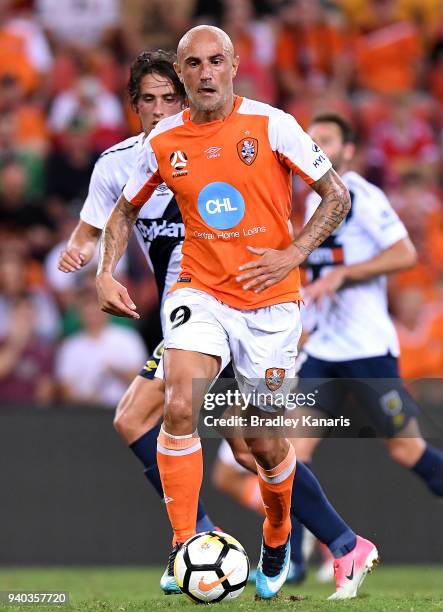 Massimo Maccarone of the Roar in action during the round 25 A-League match between the Brisbane Roar and the Central Coast Mariners at Suncorp...