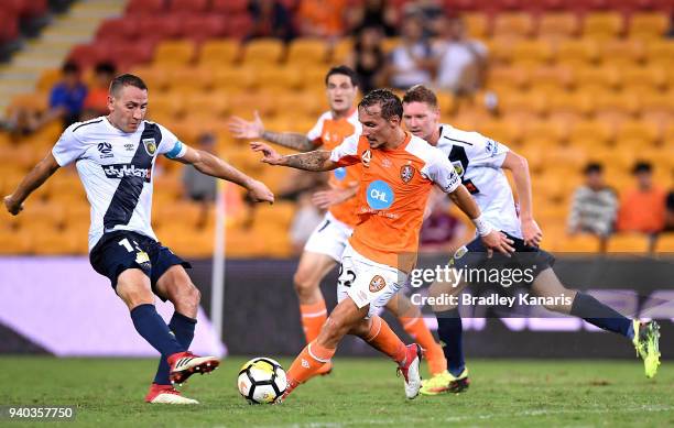 Eric Bautheac of the Roar in action during the round 25 A-League match between the Brisbane Roar and the Central Coast Mariners at Suncorp Stadium on...