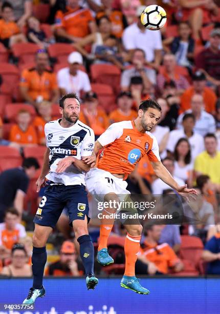 Ivan Franjic of the Roar gets above the defence during the round 25 A-League match between the Brisbane Roar and the Central Coast Mariners at...