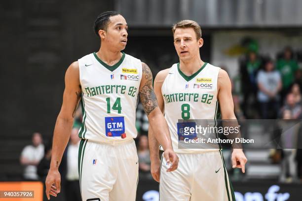 Justin Edwards and Heiko Schaffartzik of Nanterre during the Jeep Elite Pro A match between Nanterre 92 and Chalons Reims on March 31, 2018 in...
