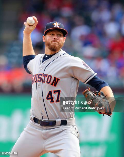 Chris Devenski of the Houston Astros pitches in the seventh inning against the Texas Rangers on Opening Day at Globe Life Park in Arlington on March...