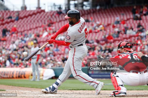 Brian Goodwin of the Washington Nationals hits a grand slam home run in the ninth inning of the game against the Cincinnati Reds at Great American...