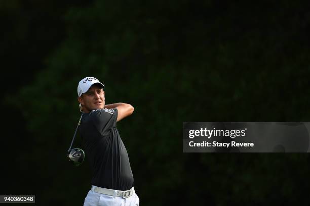 Emiliano Grillo of Argentina hits his tee shot on the second hole during the third round of the Houston Open at the Golf Club of Houston on March 31,...