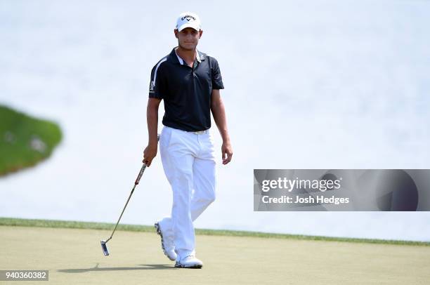 Emiliano Grillo of Argentina walks on the 18th green during the third round of the Houston Open at the Golf Club of Houston on March 31, 2018 in...