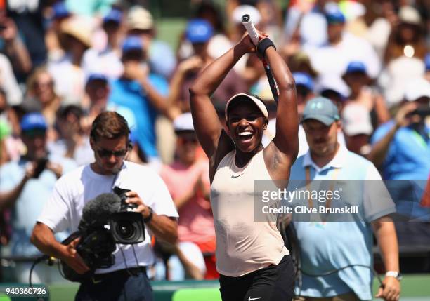 Sloane Stephens of the United States celebrates to the crowd after her straight sets victory against Jelena Ostapenko of Latvia in the women's final...
