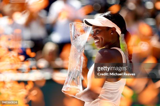 Sloane Stephens of the United States celebrates after defeating Jelena Ostapenko of Latvia in the women's final on Day 13 of the Miami Open Presented...