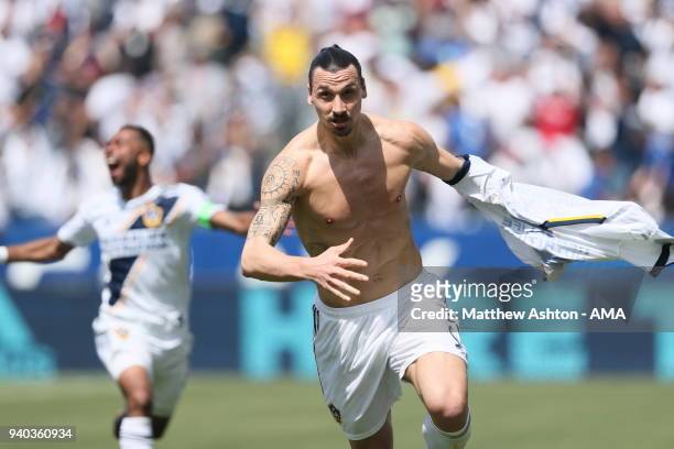 Zlatan Ibrahimovic of Los Angeles Galaxy celebrates after scoring a goal to make it 3-3 during the MLS match between Los Angeles FC and Los Angeles...
