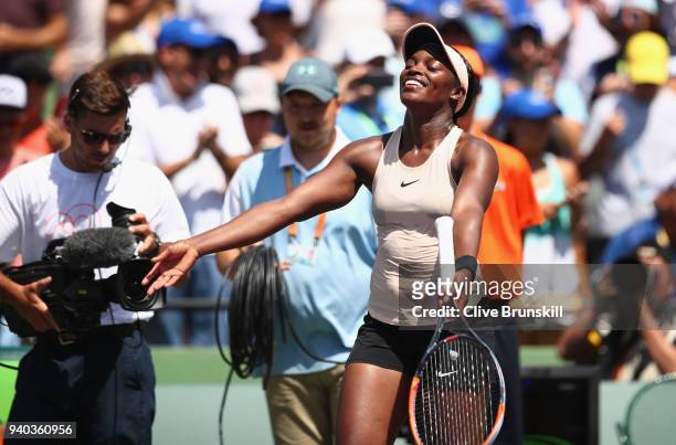 Sloane Stephens of the United States celebrates to the crowd after her straight sets victory against Jelena Ostapenko of Latvia in the womens final...