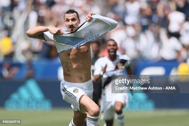 Zlatan Ibrahimovic of Los Angeles Galaxy celebrates after scoring a goal to make it 3-3 during the MLS match between Los Angeles FC and Los Angeles...