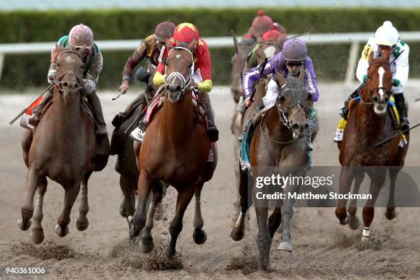 Audible, riden by John Valesquez, battles Catholic Boy, riden by Irad Ortiz Jr, out of turn four during the Florida Derby at Gulfstream Park on March...