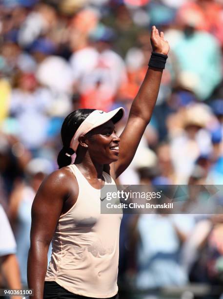 Sloane Stephens of the United States celebrates to the crowd after her straight sets victory against Jelena Ostapenko of Latvia in the women's final...