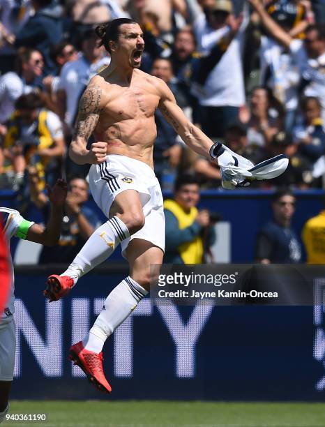 Zlatan Ibrahimovic of Los Angeles Galaxy celebrates after scoring a goal in the second half of the game against the Los Angeles FC as at StubHub...