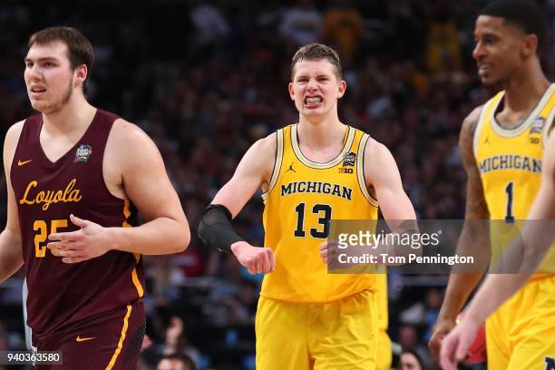 Moritz Wagner of the Michigan Wolverines reacts after a play in the second half against the Loyola Ramblers during the 2018 NCAA Men's Final Four...