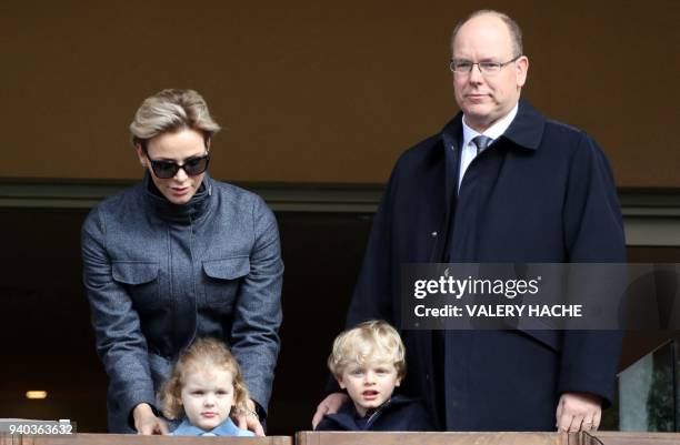 Prince's Albert II of Monaco , Princess Charlene of Monaco, Prince's Jacques of Monaco and princess Gabriella attend the Sainte Devote International...