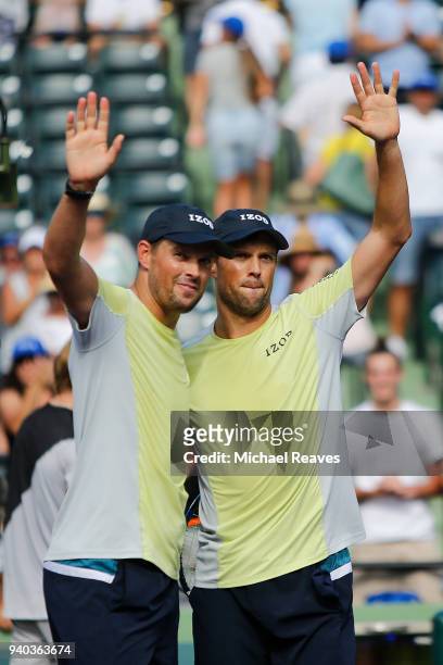 Bob and Mike Bryan celebrate after defeating Karen Khachanov and Andrey Rublev of Russia during the men's doubles final on Day 13 of the Miami Open...