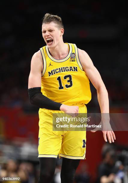 Moritz Wagner of the Michigan Wolverines reacts in the second half against the Loyola Ramblers during the 2018 NCAA Men's Final Four Semifinal at the...