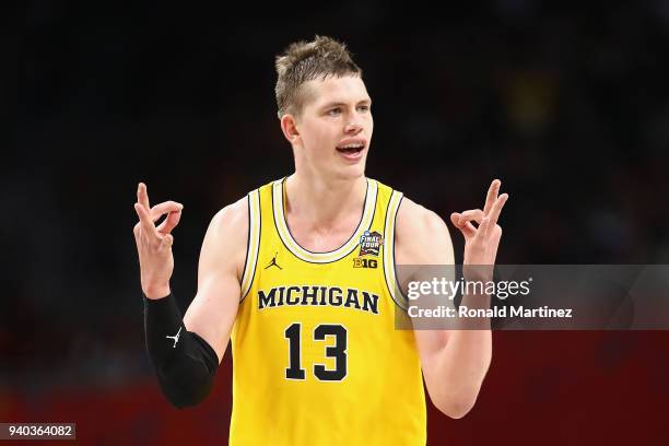 Moritz Wagner of the Michigan Wolverines reacts in the second half against the Loyola Ramblers during the 2018 NCAA Men's Final Four Semifinal at the...