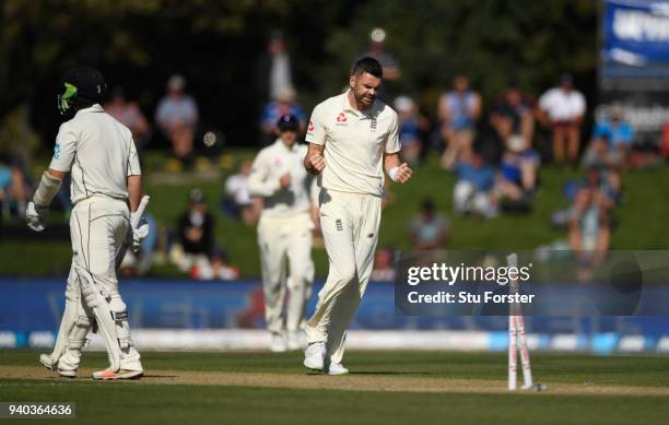 England bowler James Anderson celebrates after bowling BJ Watling during day three of the Second Test Match between the New Zealand Black Caps and...