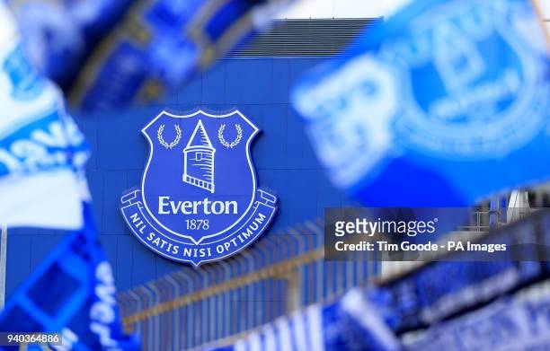 The Everton club crest on the side of the stadium before the Premier League match at Goodison Park, Liverpool.