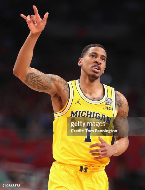 Charles Matthews of the Michigan Wolverines reacts after a play in the first half against the Loyola Ramblers during the 2018 NCAA Men's Final Four...