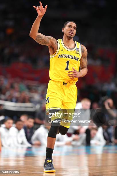 Charles Matthews of the Michigan Wolverines reacts after a play in the first half against the Loyola Ramblers during the 2018 NCAA Men's Final Four...